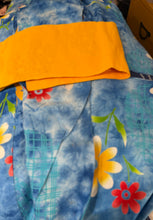 Load image into Gallery viewer, Traditional Yukata - summer flowers on blue sky, indigo/purple yukata, 2 obi(bright pink& yellow with design) & memory foam sandals for Jada #2