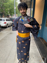 Load image into Gallery viewer, Kimono Robe - The Four Seasons, Sun, and Moon Kanji Characters on Grey and Black