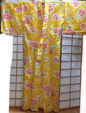 Load image into Gallery viewer, Traditional Yukata - dark pink flowers on yellow
