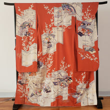 Load image into Gallery viewer, Furisode Kimono - sensu fans and chrysanthemums on brilliant orange