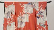 Load image into Gallery viewer, Furisode Kimono - sensu fans and chrysanthemums on brilliant orange