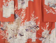 Load image into Gallery viewer, Furisode Kimono - sensu fans and chrysanthemums on brilliant orange