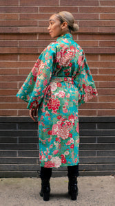 Cotton Robe - floral turquoise