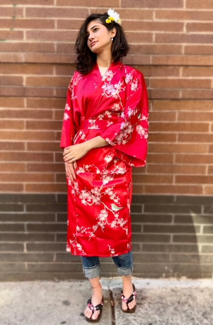 Kimono Robe - Plum Blossoms and Bird on red