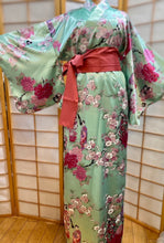 Load image into Gallery viewer, Satin Kimono Robe - geisha and pink flowers
