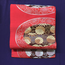 Load image into Gallery viewer, Nagoya Obi - Chrysanthemum and Bamboo red/brown/silver