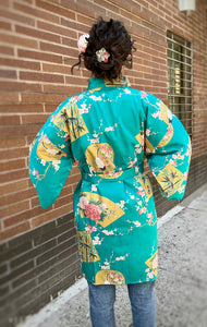 Kimono Robe - gold floral fans on turquoise
