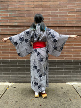 Load image into Gallery viewer, Kimono Robe - Irises on Pinstripes blue/white