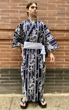 Load image into Gallery viewer, Kimono Sleeve Robe - long - dragons/bamboo stripes in navy/white