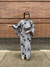Load image into Gallery viewer, Kimono Robe - Irises on Pinstripes blue/white