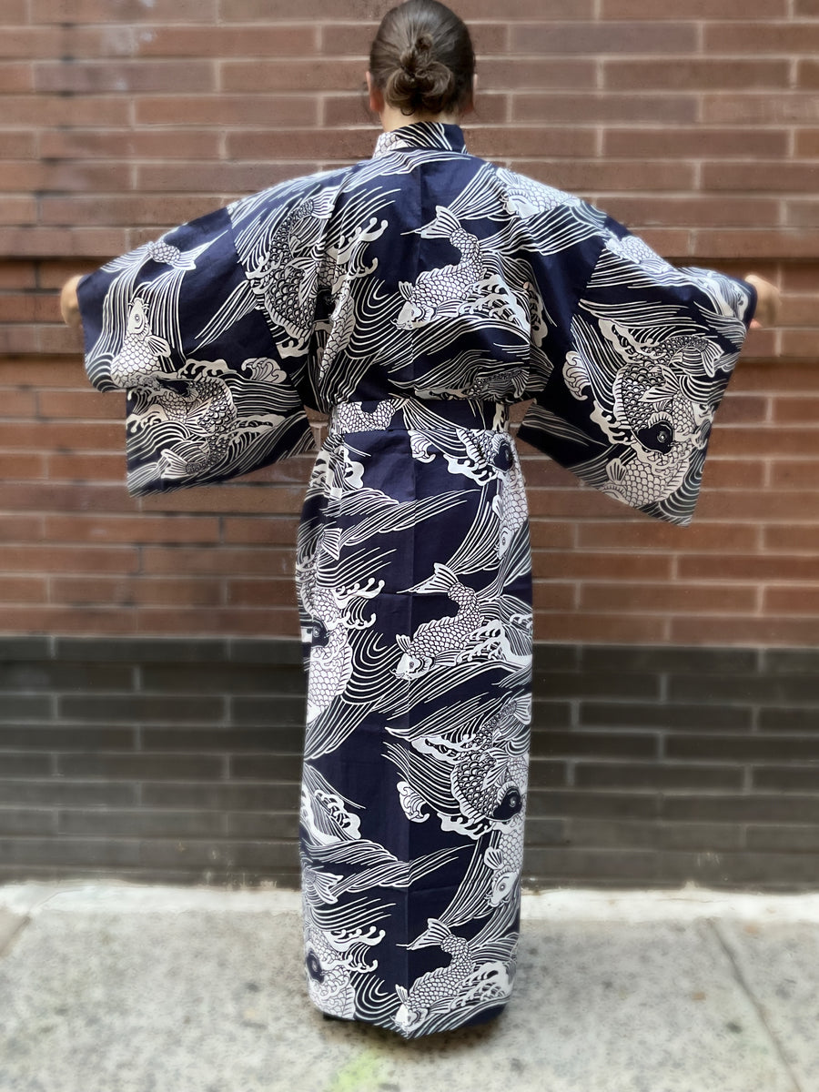 Men’s Kimono Robe - Navy/White Carp Waves