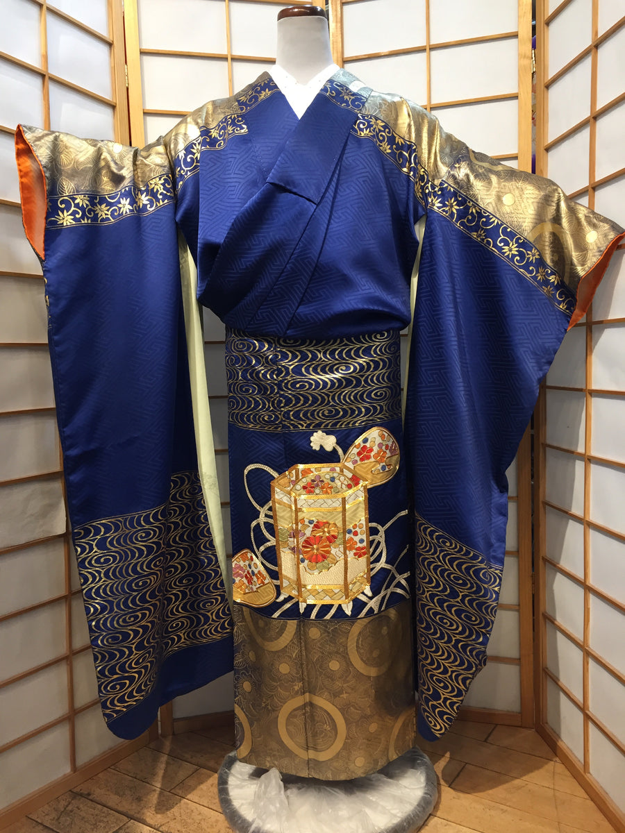 Furisode Kimono - gold tapestry on cobalt blue – Kimono House NYC