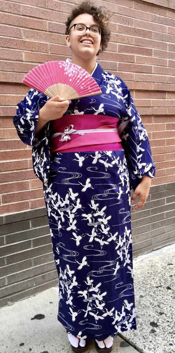 Kimono Sleeve Robe - cranes with gold flowers on navy – Kimono House NYC