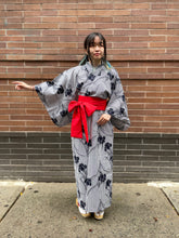 Load image into Gallery viewer, Kimono Robe - Irises on Pinstripes blue/white