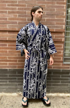 Load image into Gallery viewer, Kimono Sleeve Robe - long - dragons/bamboo stripes in navy/white