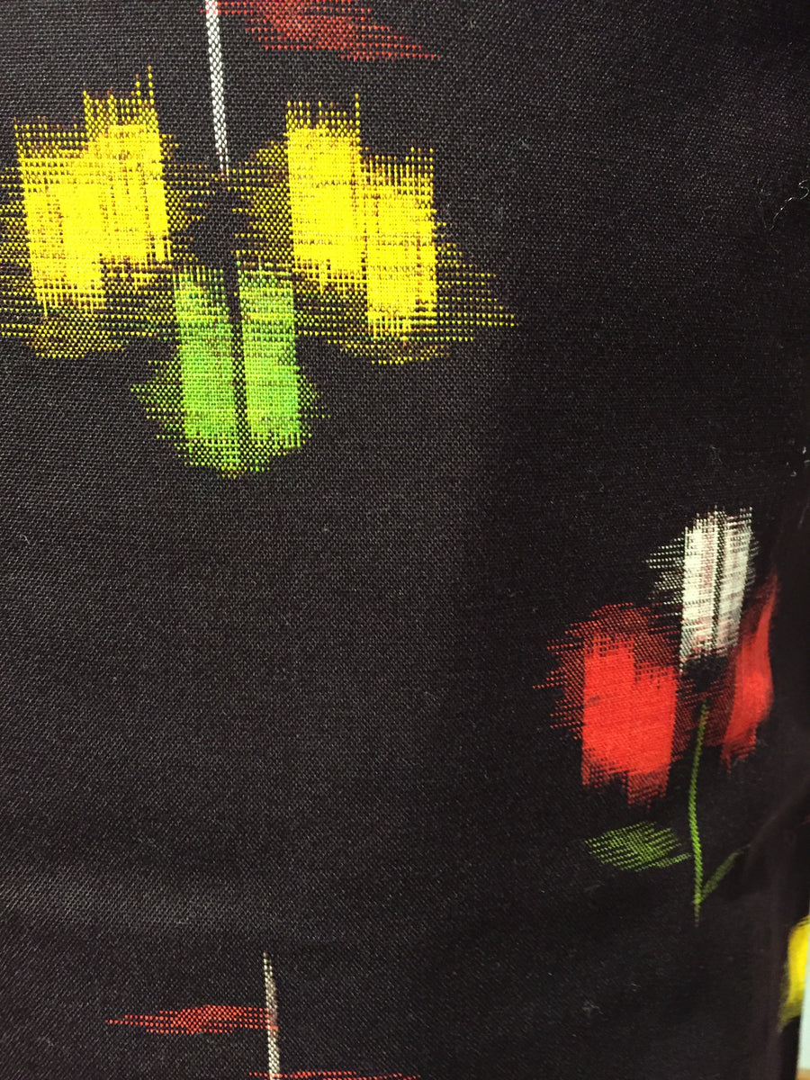 Tsumugi Kimono - warp dyed flowers on black – Kimono House NYC