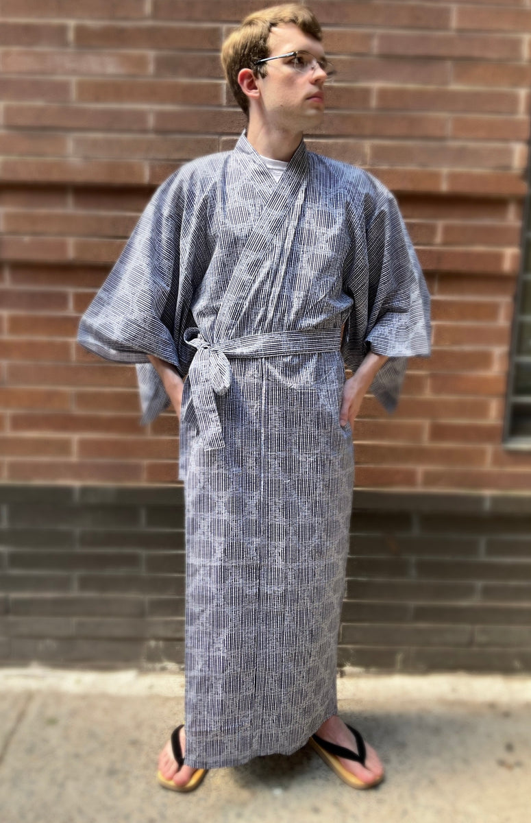 Kimono Robe - white/navy bamboo weave - long – Kimono House NYC