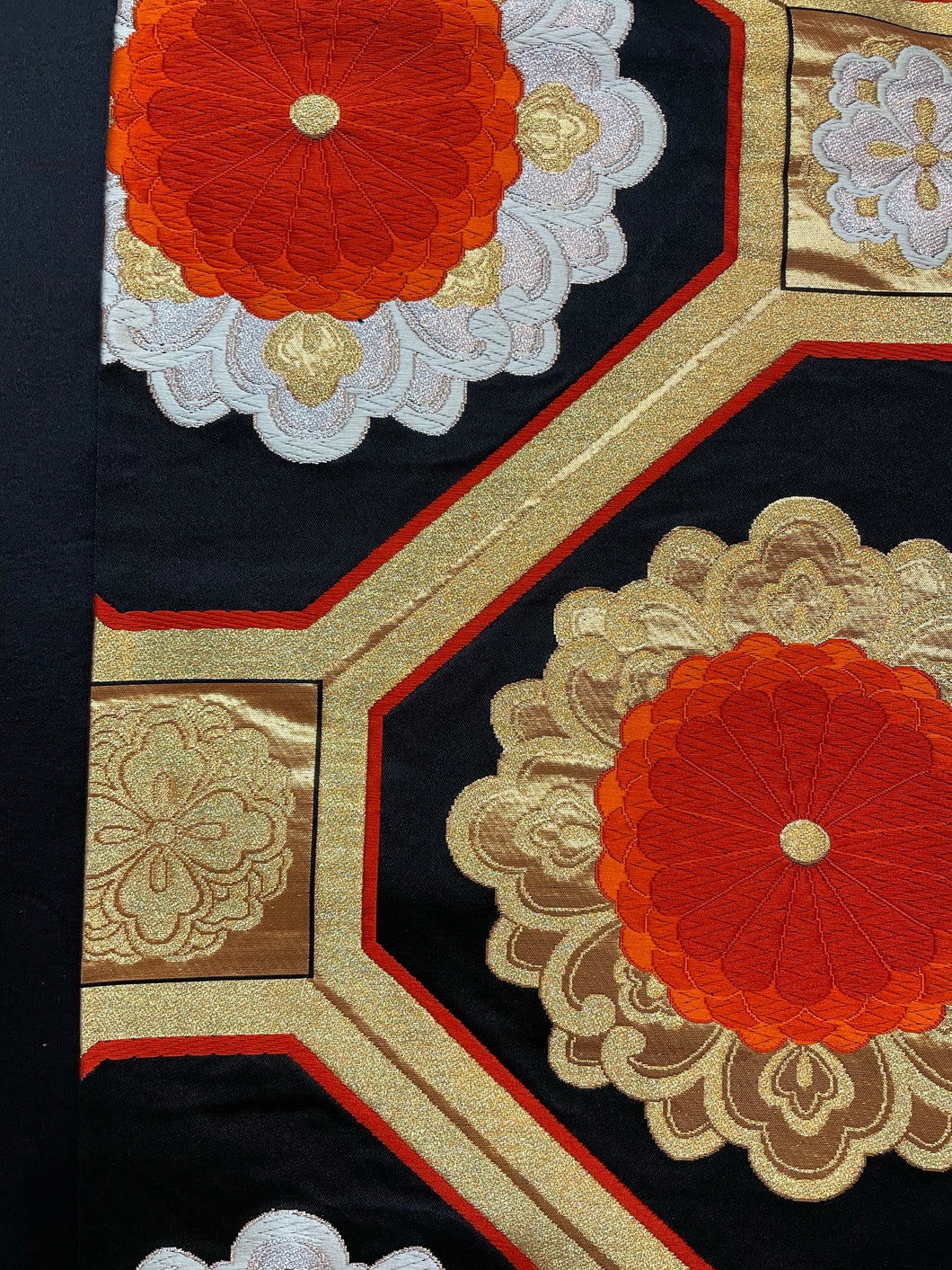 Vintage Silk Obi - floral octagons orange/black/gold