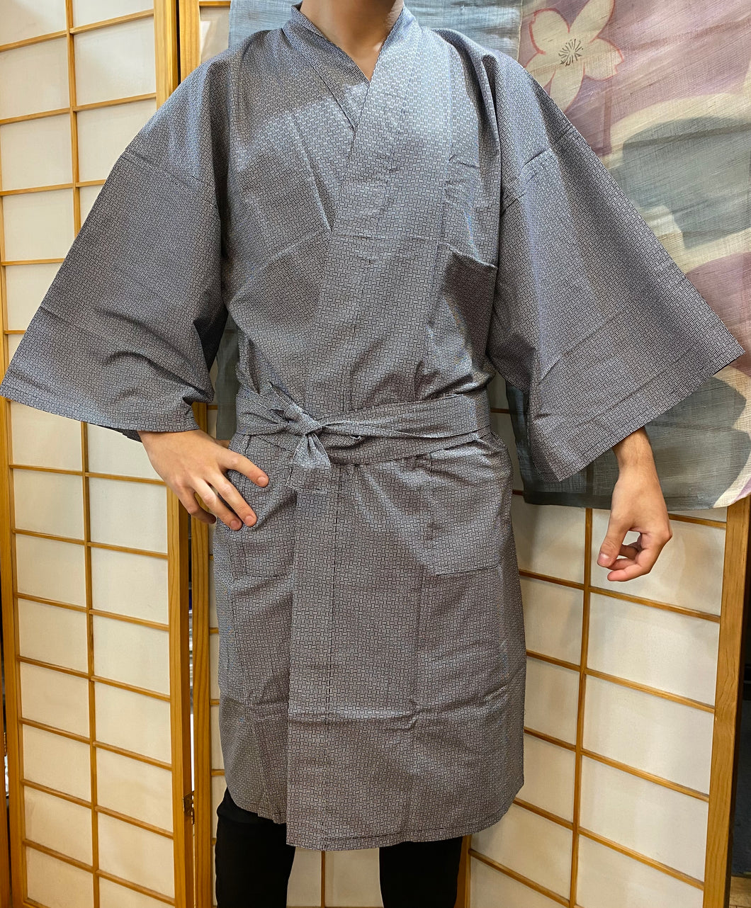 Kimono Robe - short woven pattern blue/white