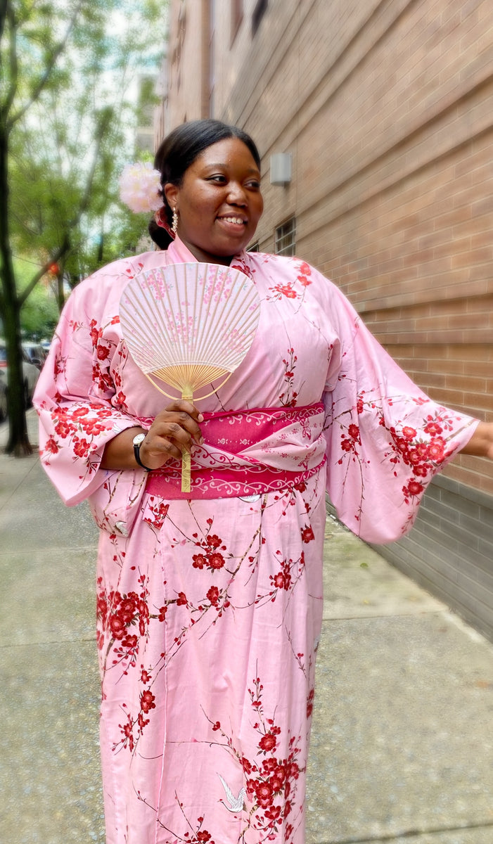 Kimono Robe - cranes & red cherry blossoms on pink