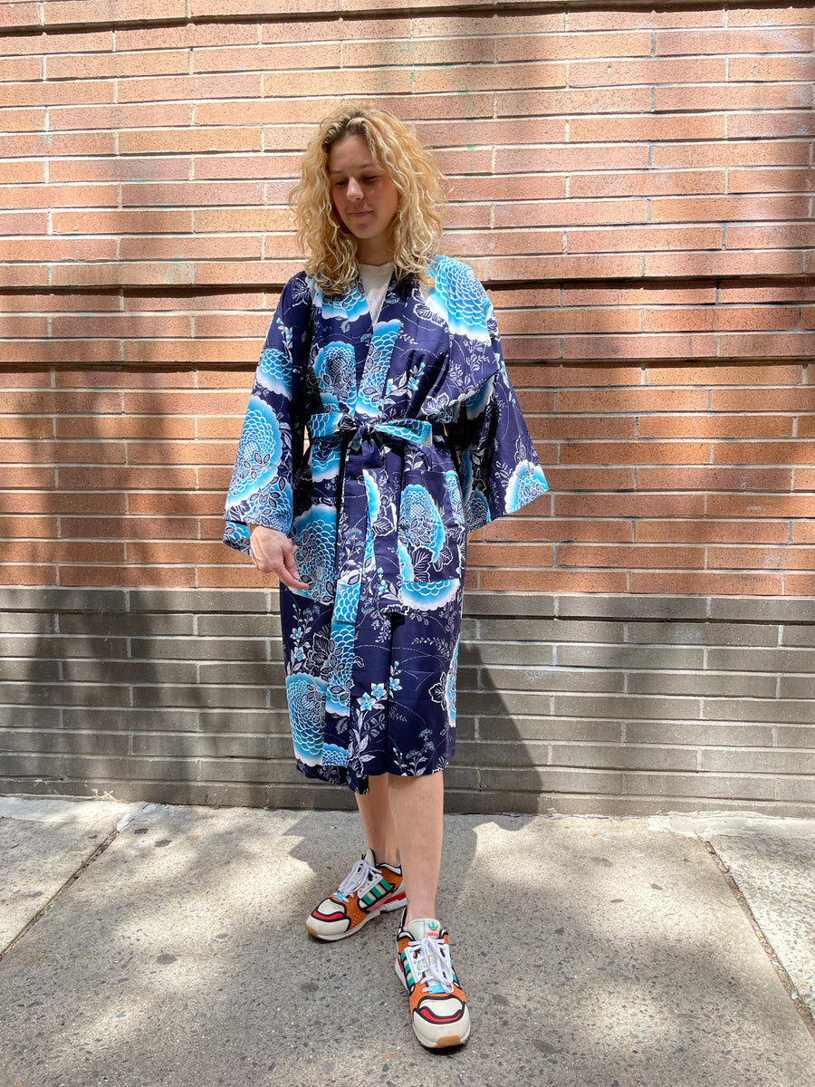 Kimono Robe - Navy/Aqua Chrysanthemum – Kimono House NYC