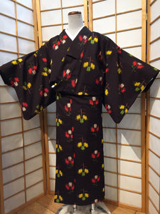 Tsumugi Kimono - warp dyed flowers on black