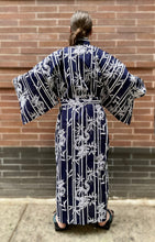 Load image into Gallery viewer, Kimono Sleeve Robe - long - dragons/bamboo stripes in navy/white