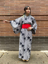 Load image into Gallery viewer, Kimono Robe - Irises on Pinstripes blue/white