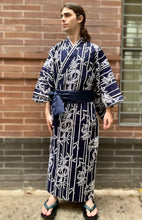 Load image into Gallery viewer, Kimono Sleeve Robe - long - dragons/bamboo stripes in navy/white