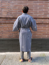 Load image into Gallery viewer, Kimono Robe - navy/white kanji characters on weave pattern
