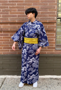 Men's Yukata Robe - long - dragons/bamboo/kanji seal in navy/white