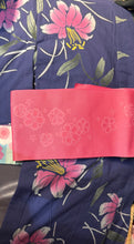 Load image into Gallery viewer, Traditional Yukata - summer flowers on blue sky, indigo/purple yukata, 2 obi(bright pink&amp; yellow with design) &amp; memory foam sandals for Jada #2

