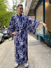 Load image into Gallery viewer, Kimono Sleeve Robe - long - dragons/bamboo stripes in navy/white
