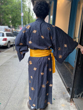 Load image into Gallery viewer, Kimono Robe - The Four Seasons, Sun, and Moon Kanji Characters on Grey and Black
