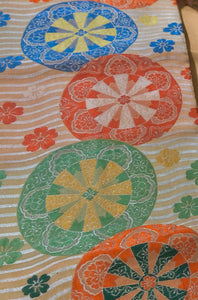 Nagoya Obi - Orange/Green/Blue Motifs w/small flowers