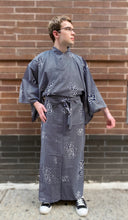 Load image into Gallery viewer, Kimono Sleeve Robe - navy/white kanji characters on weave pattern
