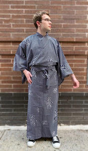 Kimono Sleeve Robe - navy/white kanji characters on weave pattern