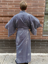 Load image into Gallery viewer, Kimono Sleeve Robe - navy/white kanji characters on weave pattern
