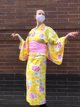 Load image into Gallery viewer, Traditional Yukata - dark pink flowers on yellow
