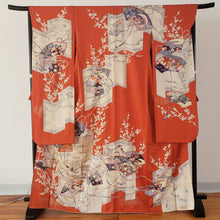 Load image into Gallery viewer, Furisode Kimono - sensu fans and chrysanthemums on brilliant orange
