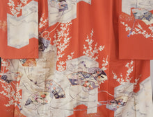 Load image into Gallery viewer, Furisode Kimono - sensu fans and chrysanthemums on brilliant orange
