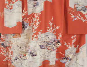 Furisode Kimono - sensu fans and chrysanthemums on brilliant orange