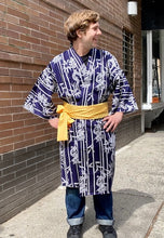 Load image into Gallery viewer, Cotton Kimono Robe  - dragons/bamboo stripes in navy/white
