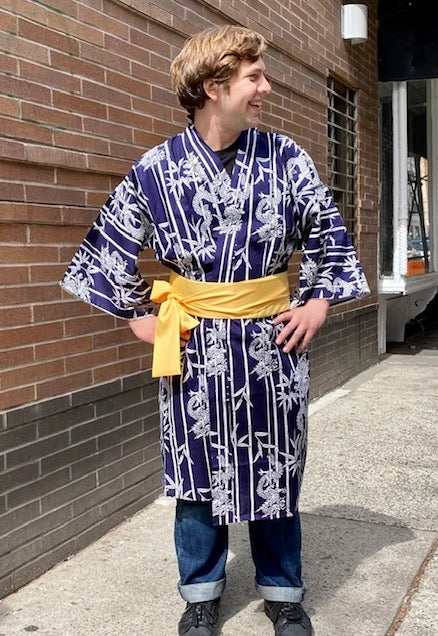 Cotton Kimono Robe  - dragons/bamboo stripes in navy/white