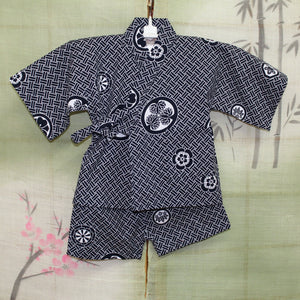 Jinbei - Casual Two Piece Kimono Set - blue crest pattern