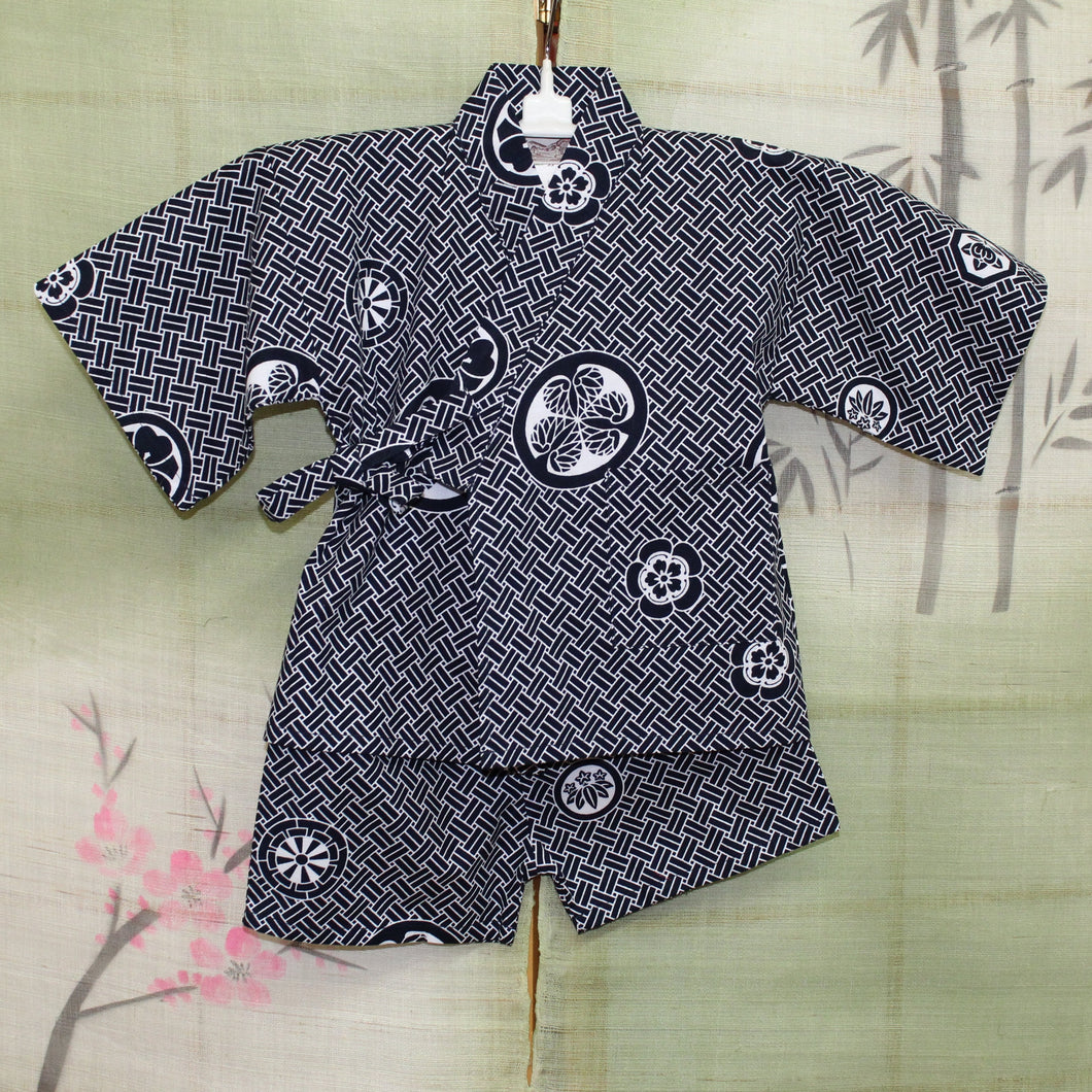 Jinbei - Casual Two Piece Kimono Set - blue crest pattern