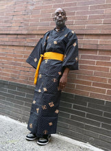 Load image into Gallery viewer, Kimono Robe - The Four Seasons, Sun, and Moon Kanji Characters on Grey and Black
