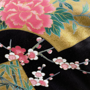 Kimono Robe - gold floral fans on black