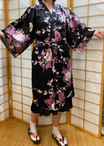Pink Flowers on  Black 100% Satin Cotton Women's Kimono Robe