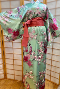 Satin Kimono Robe - geisha and pink flowers